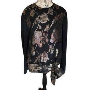 VTG Another Thyme Metallic Floral Tie Blouse Black Sheer Back Made in USA L Y2K